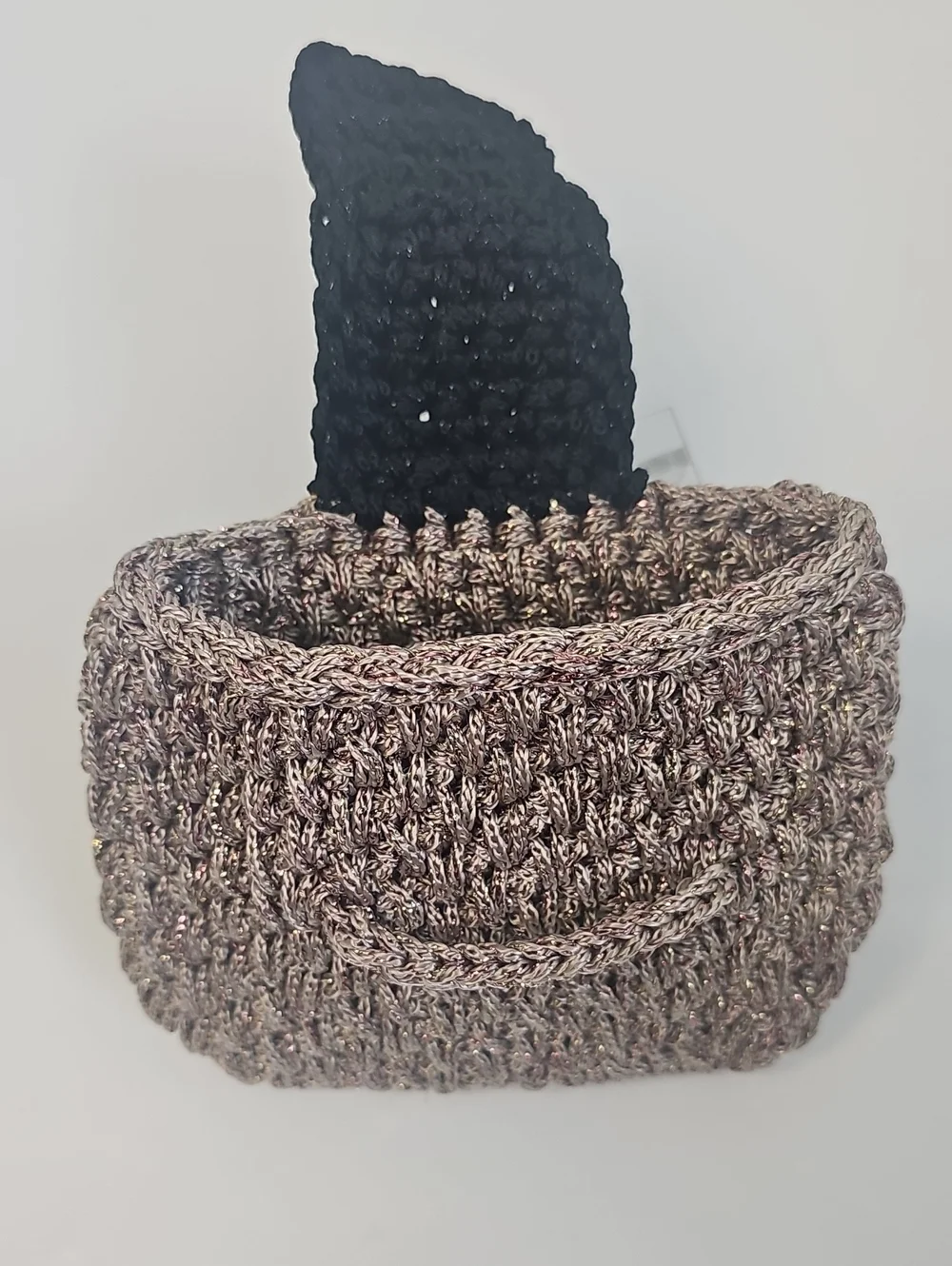 Hand Knit Mini Clutch Purse Gold & Copper Metallic w Brown Flap